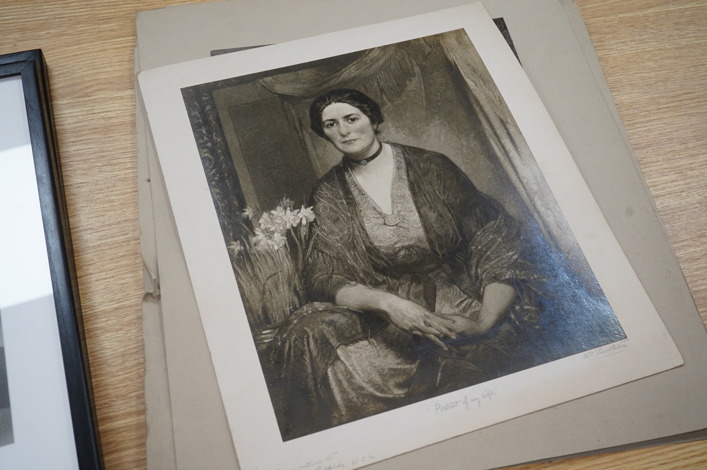 William Shackleton (1872–1933), collection of black and white photographic prints, archive photos and two etchings (Beamsley) including 'Portrait of my wife', some signed and inscribed in pencil, largest 40 x 34cm. Condi